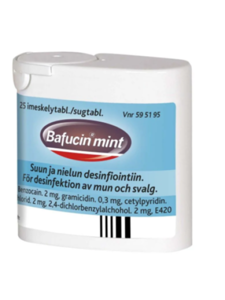 Таблетки Bafucin Mint для дезинфекции полости рта и горла 25шт