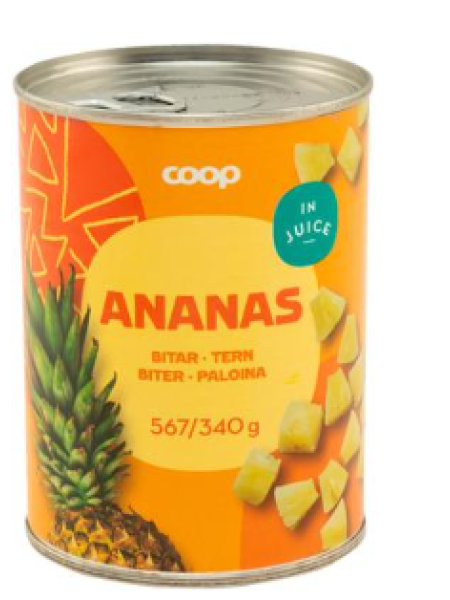 Кусочки ананаса в ананасовом соке Coop ananas paloina täysmehussa 567/340г