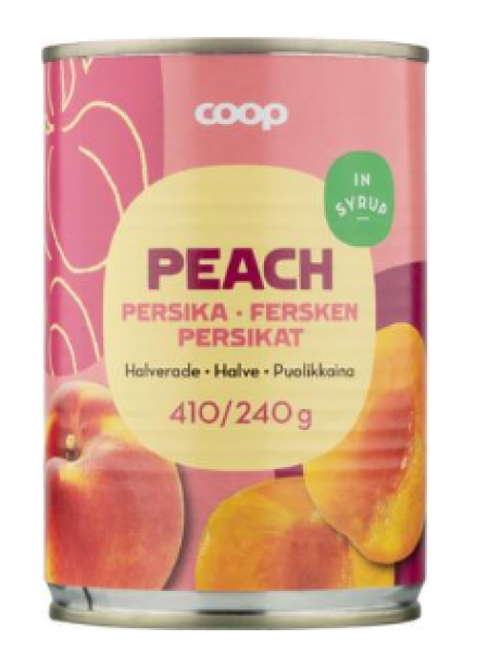Кусочки персика в сахарном сиропе Coop persikat puolikkaina sokeriliemessä 410/240г