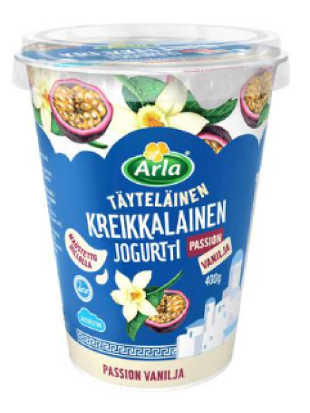 Греческий йогурт без лактозы Arla Kreikkalainen jogurtti Passion-Vanilja 400г маракуйя и ваниль