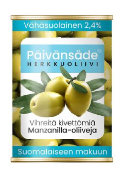 Зеленые оливки Päivänsäde Herkkuoliivi без косточек с низким содержанием соли 300г/130г