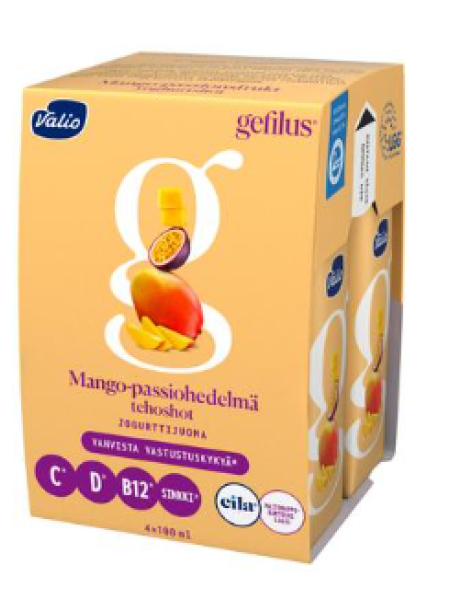 Питьевой йогурт Valio Gefilus mango-passiohedelmä tehoshot 4x100мл манго маракуйя без лактозы