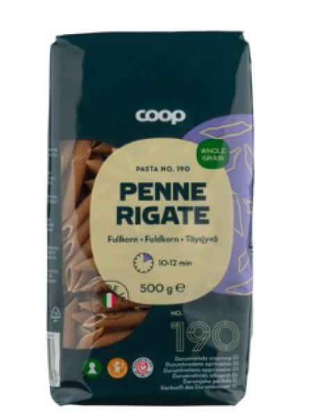 Макаронные изделия из цельного зерна Coop Täysjyvä Penne Rigate 500г
