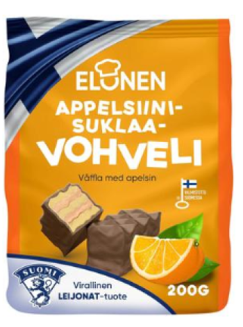 Вафли в молочном шоколаде с начинкой со вкусом апельсина Elonen appelsiini-suklaavohveli 200г