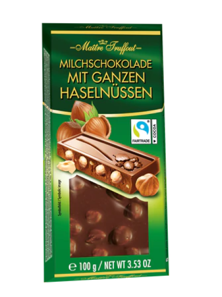 Молочный шоколад Ganzen Haselnüssen Maitre Truffout с цельным фундуком 100г