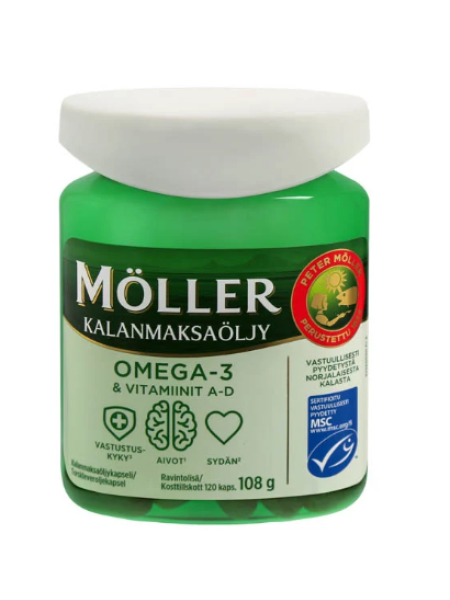 Капсулы с маслом печени трески Möller Omega-3 & Vitamins AD 120 капсул