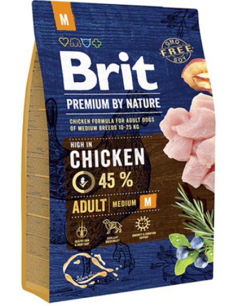 Полнорационный корм с курицей для взрослых собак средних пород BRIT PREMIUM Adult M 3кг