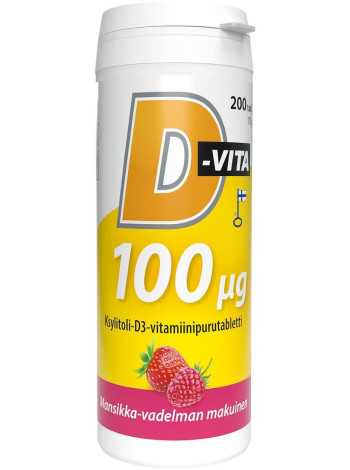 Жевательные таблетки с ксилитом и витамином  D3 вкус малина-клубника D-vita-purutabletti  200 таб