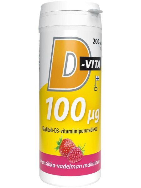 Жевательные таблетки с ксилитом и витамином D3 100 мкг вкус малина-клубника D-vita-purutabletti  200 таб