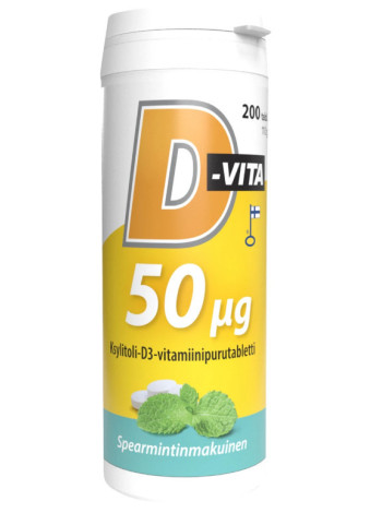 Жевательные таблетки с ксилитом и витамином D3 со вкусом мяты D-vita-purutabletti 200 таб