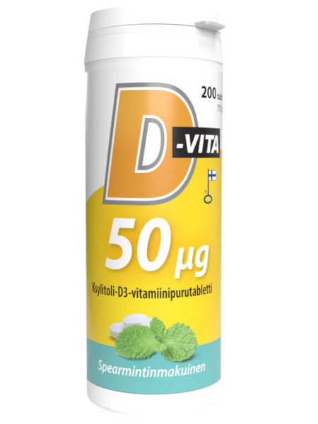 Жевательные таблетки с ксилитом и витамином D3 50 мкг со вкусом мяты D-vita-purutabletti 200 таб