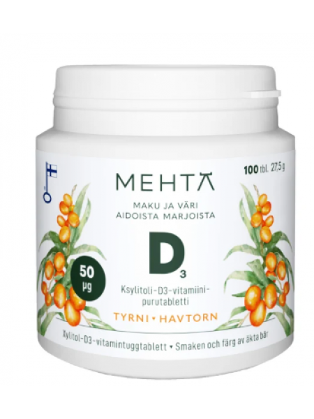Жевательный препарат витамина D со вкусом облепихи Mehtä D-vitamiini 50 µg Tyrni 100таб