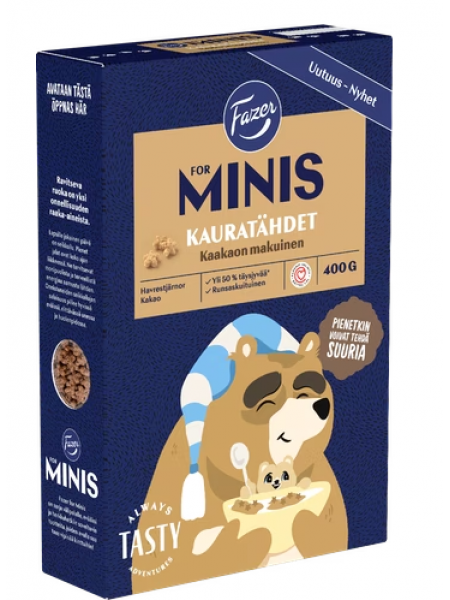 Цельнозерновые овсяные звездочки Fazer Minis kauratähdet kaakao 400г с шоколадом