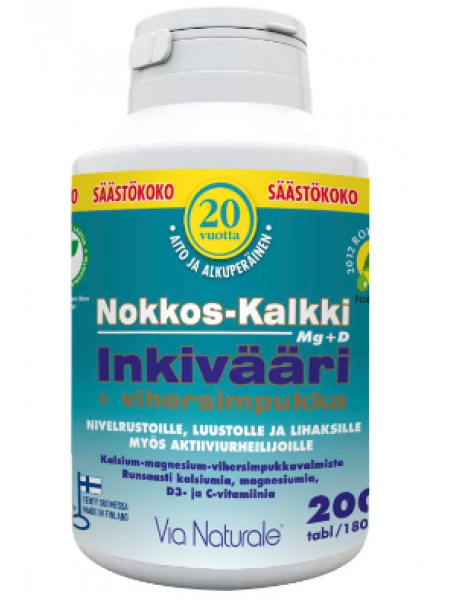 Биологически активная добавка с кальцием, магнием, витаминами D3 и C Via Naturale Nokkos-Kalkki-Inkivääri+Vihersimpukka 200шт 