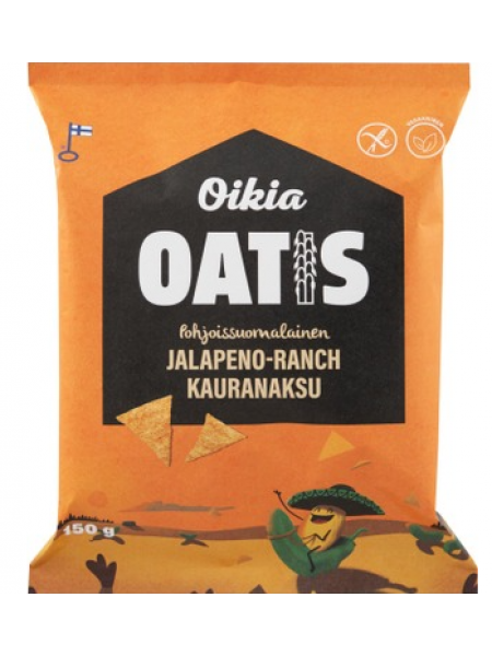 Овсяные чипсы Oikia Oatis Jalapeno-ranch kauranaksu 150г со вкусом помидоров, лука, чеснока и халапеньо