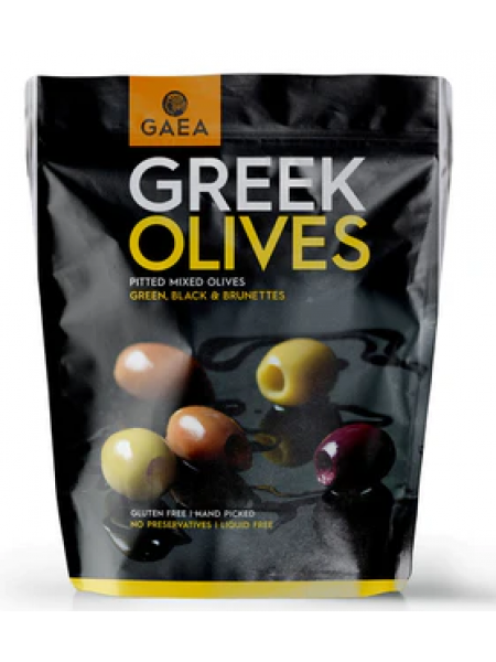 Ассорти из оливок Gaea Greek Olives 150г без косточек с базиликом и лимоном в мягкой упаковке