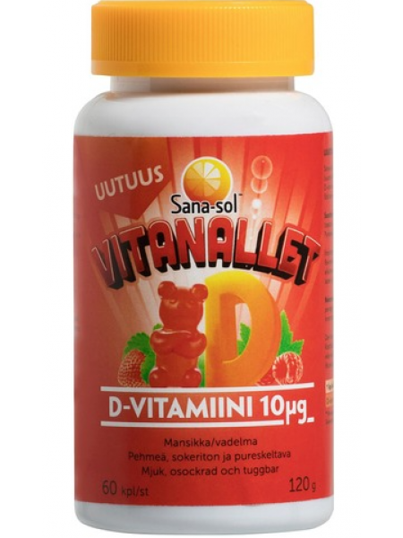 Жевательные мишки с витамином D Sana-Sol Vitanallet Vitamin D 10мг клубника / малина без сахара