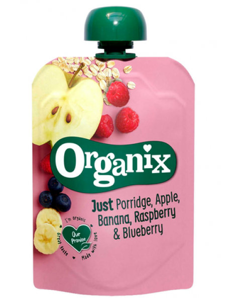 Органическое фруктовое пюре Organix Just Porridge, яблоко, банан, малина и черника 100 г с 6 месяцев