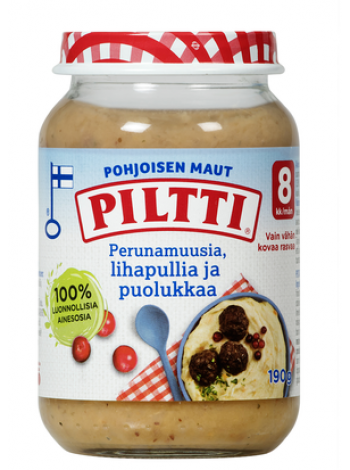 Детское питание Piltti Perunamuusia Lihapullia Ja Puolukkaa 190г пюре с фрикадельками и брусникой 8 месяцев