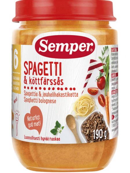 Детское питание Semper Spagettia & Jauhelihakastiketta спагетти и мясо в соусе 190г от 6 месяцев