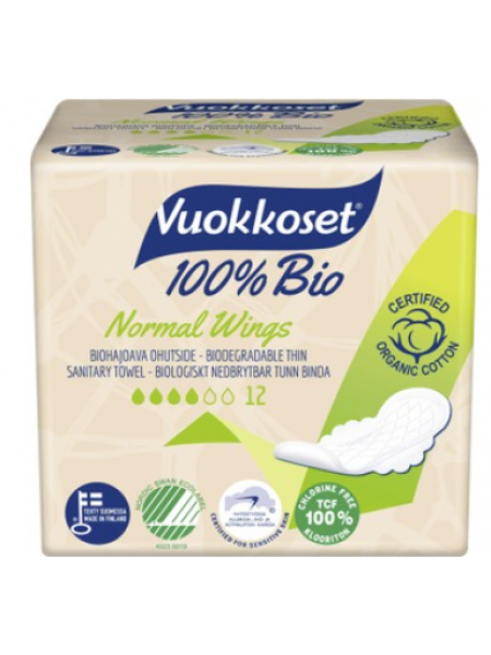 Тонкие прокладки Vuokkoset 100% Bio Normal Wings 12 шт