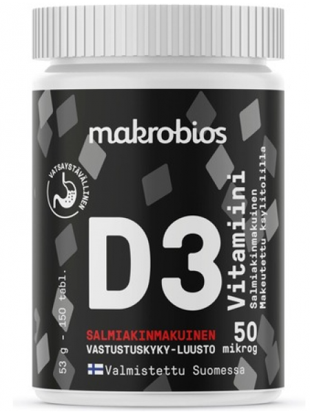Жевательные таблетки с витамином D со вкусом солодки Makrobios D3 Salmiakki 50мг 150шт