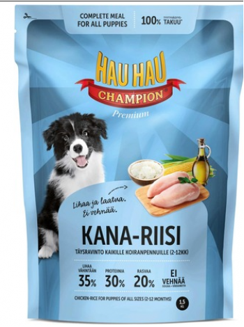Полнорационный корм для щенков Hau-Hau Champion Kana-Riisi Täysravinto Koiranpennuille 1,5 кг