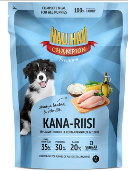 Полнорационный корм для щенков Hau-Hau Champion Kana-Riisi Täysravinto Koiranpennuille 1,5 кг