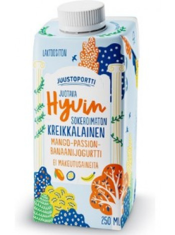 Греческий питьевой йогурт Juustoportti Hyvin Sokeroimaton Kreikkalainen 250мл несладкий манго-маракуйя-банан без лактозы
