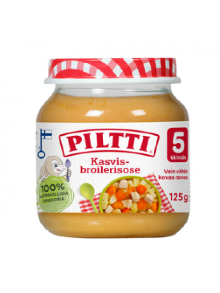 Детское питание с овощами с бройлером  Piltti Kasvis-Broilerisose 125 г  для детей 5 месяцев 
