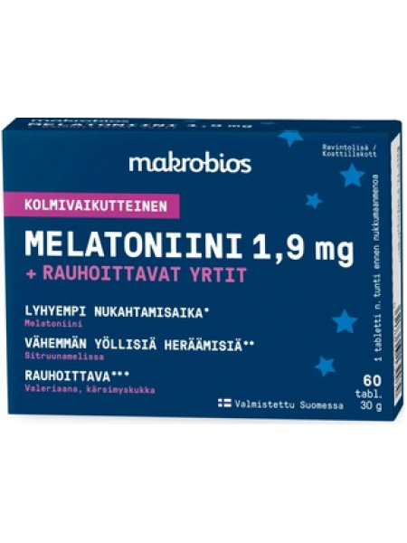 Таблетки тройного действия Macrobios мелатонин 1,9 мг + успокаивающие травы 60 таблеток 30 г