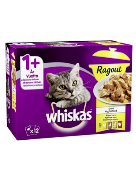 Полнорационный корм для взрослых кошек Whiskas 1+ Ragout 12x85г птица в желе 