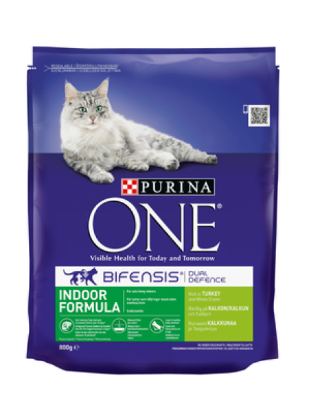 Полноценный корм для кошек Purina One Indoor 800г индейка и зерновые